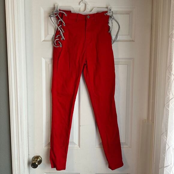 Blue Topic Women Red Jeans Tie Up Sides Size Medium Sparkle Laces - Picture 1 of 8